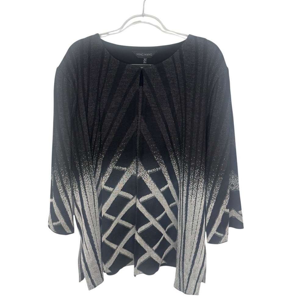 Ming Wang Cardigan Sweater Women's 3X Black Silver Geometric Print Dressy Topper